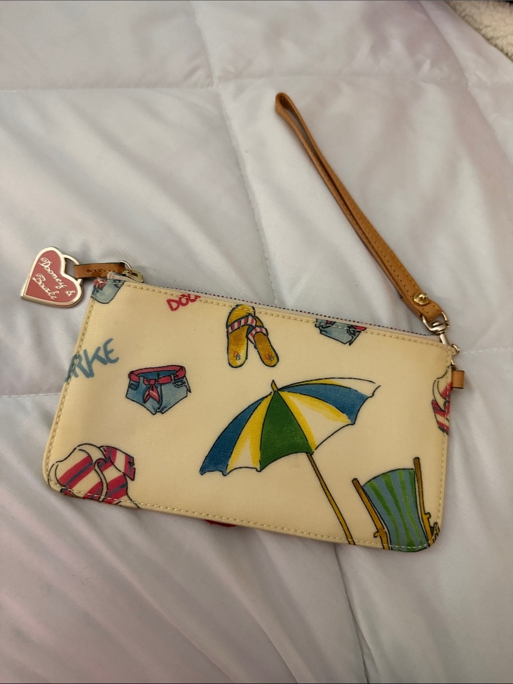 Dooney & Bourke Cream Beach Print Wristlet with Tan Strap